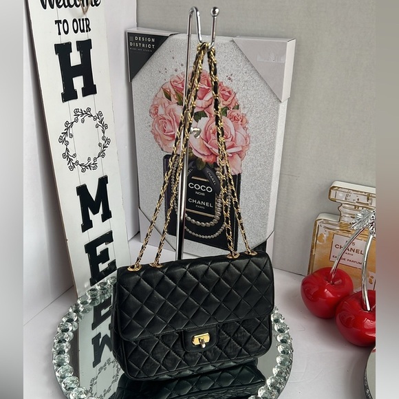 CROUCH & FITZGERALD vintage quilted Lambskin leather black gold chain crossbody - Picture 3 of 11